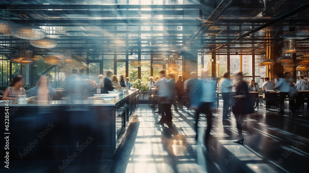 Blurred Business people walking at modern office. Busy office. Modern open space