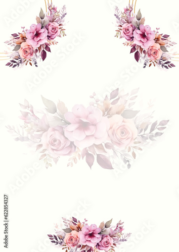 Wedding floral golden invitation card save the date design with pink flowers