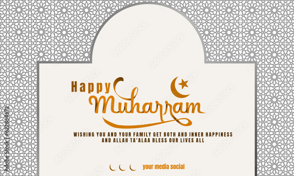 happy islamic new year muharram with golden color and lettering and islamic ornament can be for greeting card, banner, flyer, social media