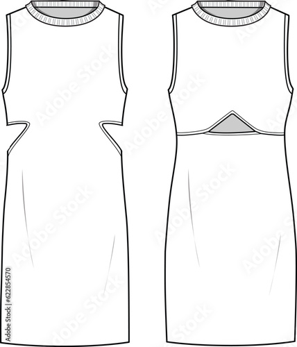 Women's Cut-out Knit Dresses. Technical fashion illustration. Front, white color. Women's CAD mock-up.