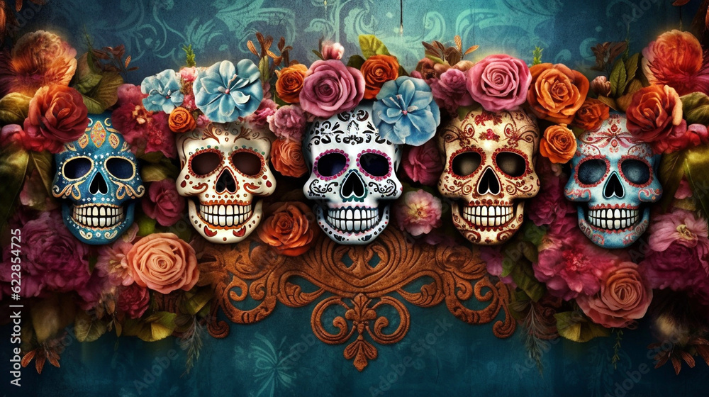 Festive Remembrance: Flowers and Skulls in Day of the Dead Celebration, Mexico