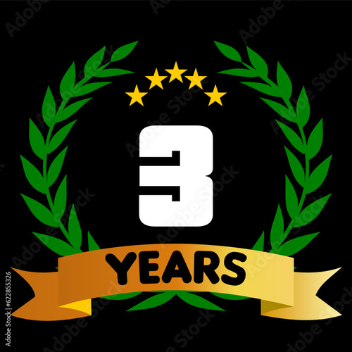 3 years anniversary, colorful with laurel wreath and ribbon