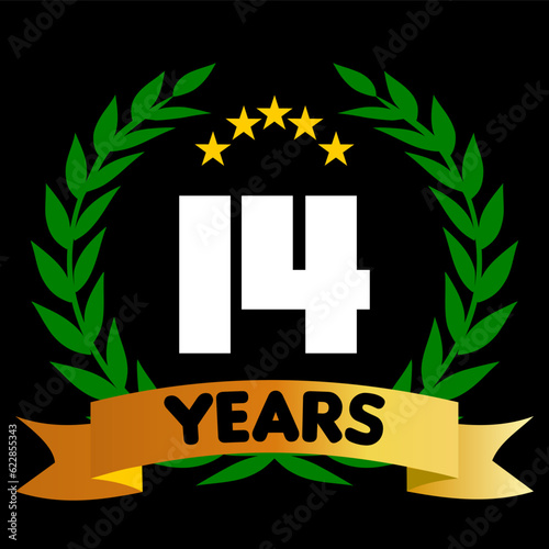 14 years anniversary, colorful with laurel wreath and ribbon