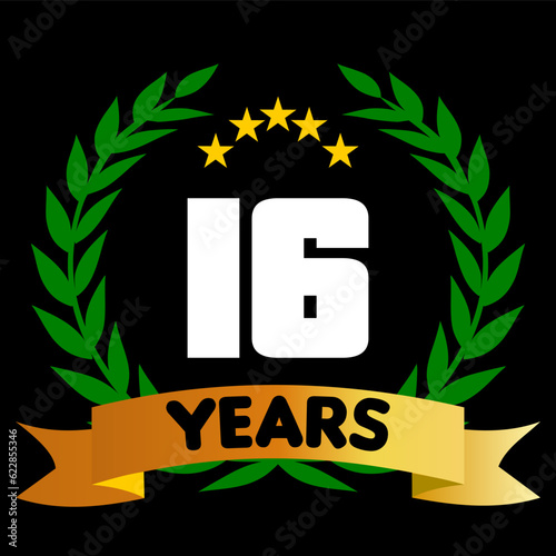 16 years anniversary, colorful with laurel wreath and ribbon