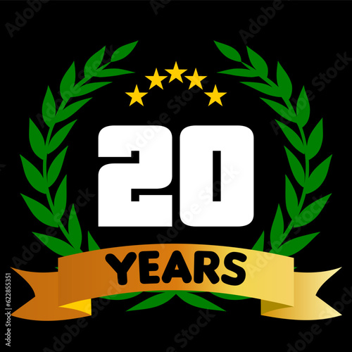 20 years anniversary, colorful with laurel wreath and ribbon