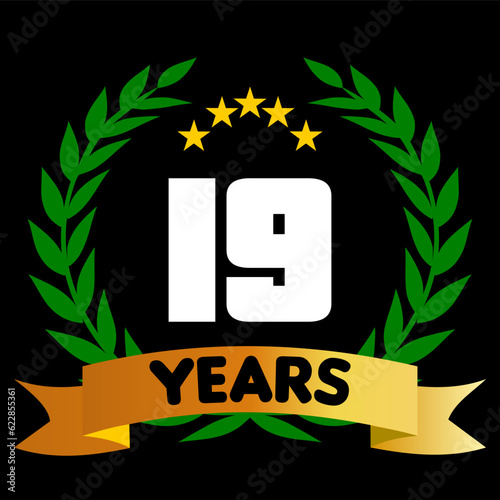19 years anniversary, colorful with laurel wreath and ribbon