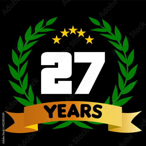 27 years anniversary, colorful with laurel wreath and ribbon