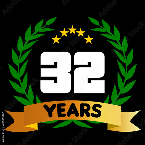 32 years anniversary, colorful with laurel wreath and ribbon