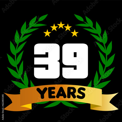 39 years anniversary, colorful with laurel wreath and ribbon
