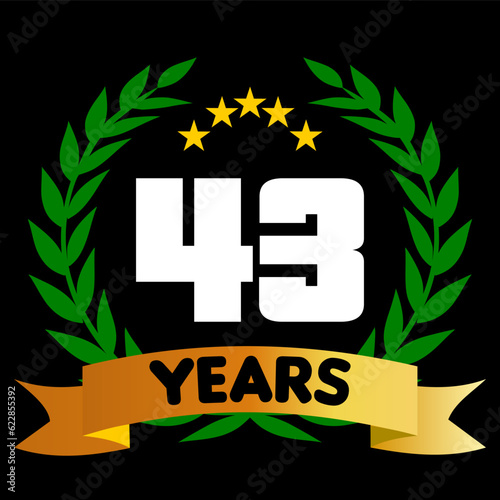 43 years anniversary, colorful with laurel wreath and ribbon