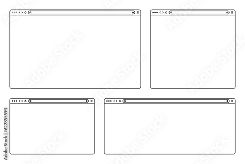 Blank web browser, internet page window with toolbar and search field. Modern website in flat style, line art. Browser mockup for computer, tablet and smartphone. Vector illustration