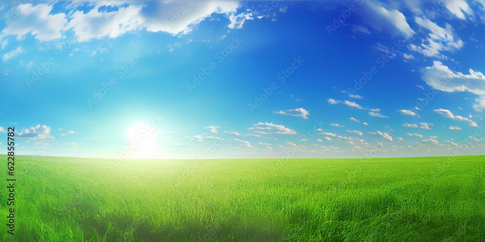 A beautiful natural landscape for a background or screensaver - juicy bright green grass and a blue sky above it on a sunny day. Generative AI