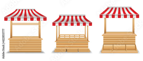 realistic market stall wooden kiosk or market stall with striped awning isolated. 3d illustration