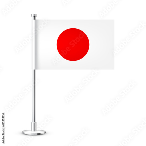 Free Download Realistic Japanese table flag on a chrome steel pole. Souvenir from Japan. Desk flag made of paper or fabric and shiny metal stand. Mockup for promotion and advertising. Vector illustration - GFXLoad