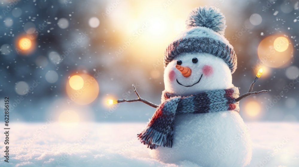 Happy snowman in winter scenery with copy space Generative AI Happy snowman in winter scenery with copy space Generative AI