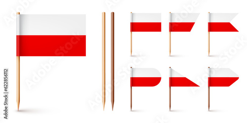 Polish toothpick flags. Souvenir from Poland. Wooden toothpicks with paper flag. Location mark, map pointer. Blank mockup for advertising and promotions. Vector illustration