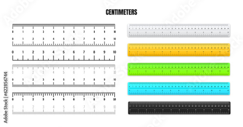 Realistic metal rulers with black centimeter scale for measuring length or height. Various measurement scales with divisions. Ruler, tape measure marks, size indicators. Vector illustration