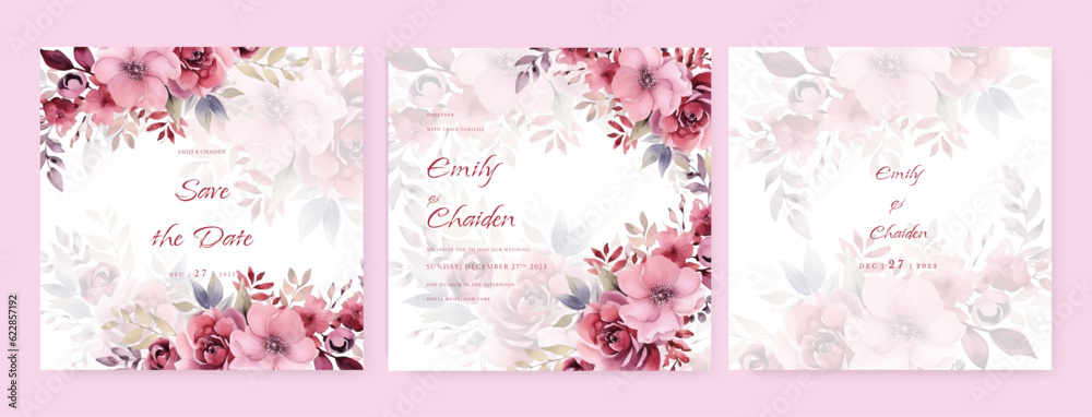 Elegant wedding invitation card template set with watercolor and floral decoration. Flowers background for social media stories, save the date, greeting, rsvp, thank you