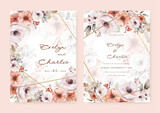 beautiful wedding invitation card with pink floral and leaves template