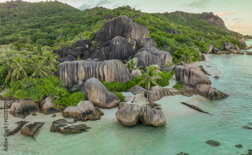 Aerial view of boulders on Anse Source d'Argent, La Digue, Seychelles. photo