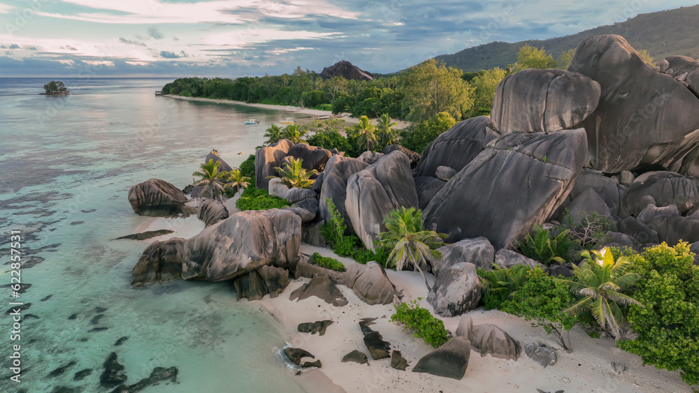 Aerial view of Anse Source d'Argent beach, La Digue at sunrise, Seychelles.