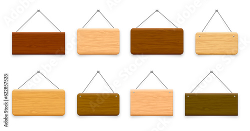 Wooden hanging signboards. Made of wood door sign for cafe, restaurant, bar or retail store. Announcement banner, information signage for business or service. Vector illustration