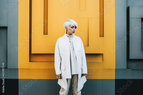 Woman with short white hair, infront of colorful wall. Minimalist urban fashion style. AI generative, illustration.