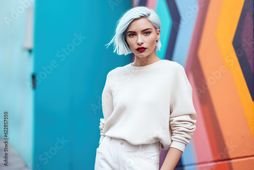 Woman with short white hair, infront of colorful wall. Minimalist urban fashion style. AI generative, illustration.