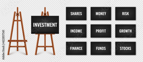 Realistic paint desk with text on black canvas. Wooden easel and a sheet of drawing paper. Presentation board on a tripod. Business investment, economics and finance. Vector illustration