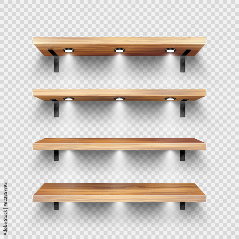 Realistic wooden store shelves with wall mount and lighting, spotlights