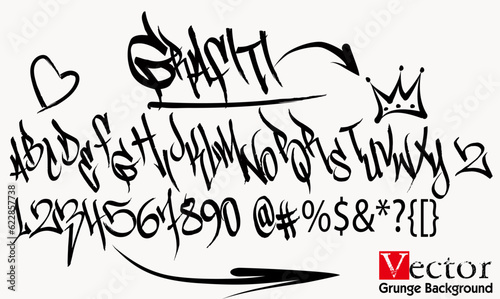 Brush painted Alphabet characters  typography,Spray graffiti tagging font and signs. crown, heart, star, arrow, dot, quotation mark, number