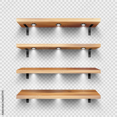 Realistic wooden store shelves with wall mount and lighting, spotlights. Empty product shelf, grocery wall rack. Mall and supermarket furniture, bookshelf. Interior design. Vector illustration