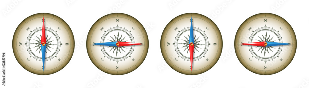 Marine compass, nautical wind rose with cardinal directions of North, East, South, West and degree markings. Geographical position and orientation, cartography and navigation. Vector illustration Marine compass, nautical wind rose with cardinal directions of North, East, South, West and degree markings. Geographical position and orientation, cartography and navigation. Vector illustration