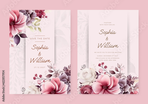 Wedding invitation in the botanical style. Flowers on a background. Background for the invitation, shop, beauty salon, spa.