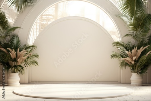 Abstract white studio background for product presentation. Empty room with shadows from windows and flowers and palm leaves. 3D room with copy space. Ai generative © InfiniteStudio