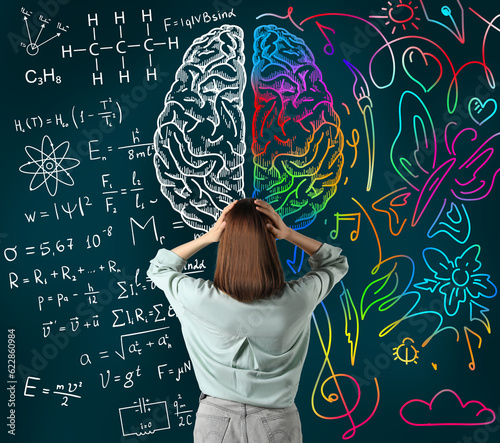 Logic and creativity. Woman and illustration of brain hemispheres. Different formulas and bright drawings on chalkboard