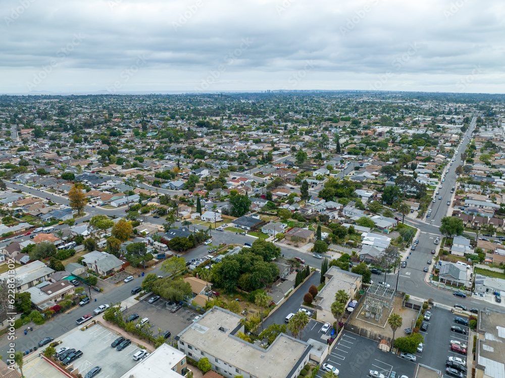 Fototapeta premium Aerial view of house with gray sky in La Mesa City in San Diego, California, USA