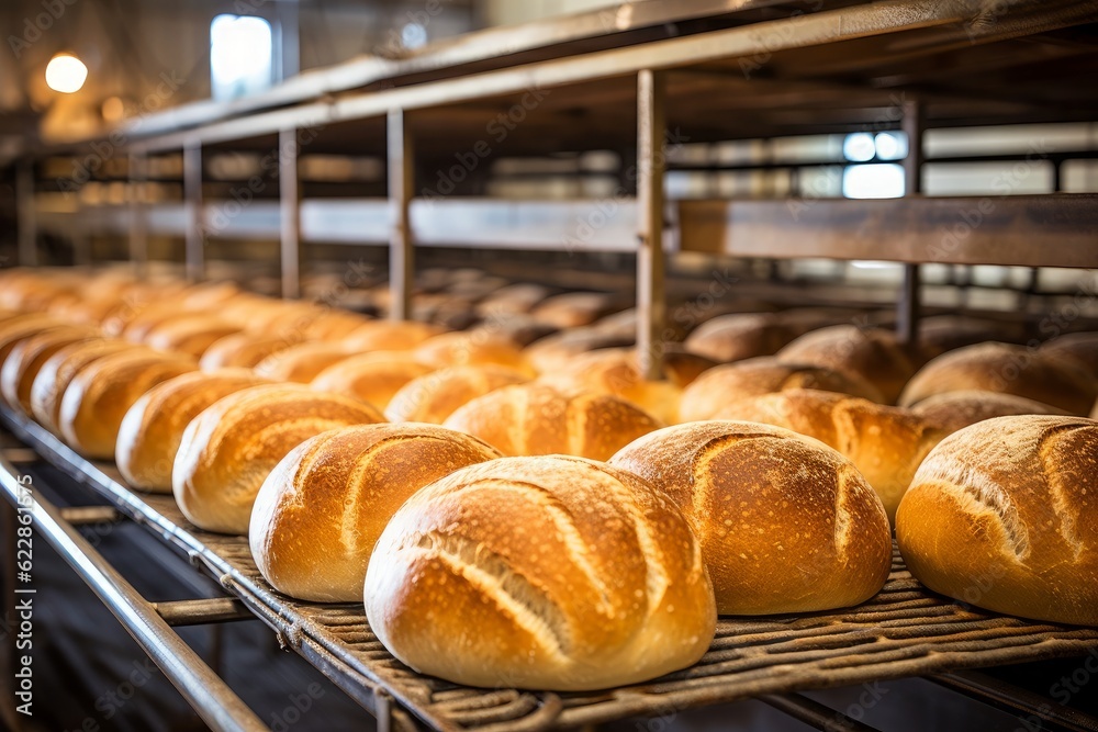 The large industrial bakery produces thousands of fresh loaves daily. Generative AI The large industrial bakery produces thousands of fresh loaves daily. Generative AI