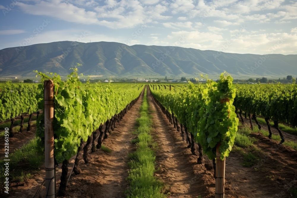 The expansive vineyard basks under the summer sun, producing high-quality grapes for wine production.  Generative AI
