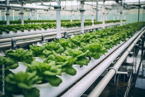 The extensive hydroponic farm cultivates a variety of lush, organic vegetables year-round. Generative AI