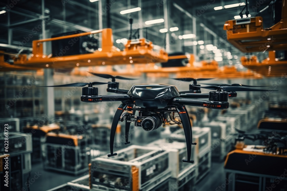 A high-tech drone factory meticulously assembles unmanned aerial vehicles for various applications. Generative AI A high-tech drone factory meticulously assembles unmanned aerial vehicles for various applications. Generative AI