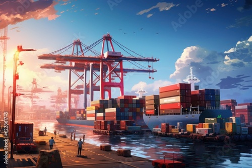 Wallpaper Mural A bustling seaport docks a large cargo ship, unloading containers filled with goods