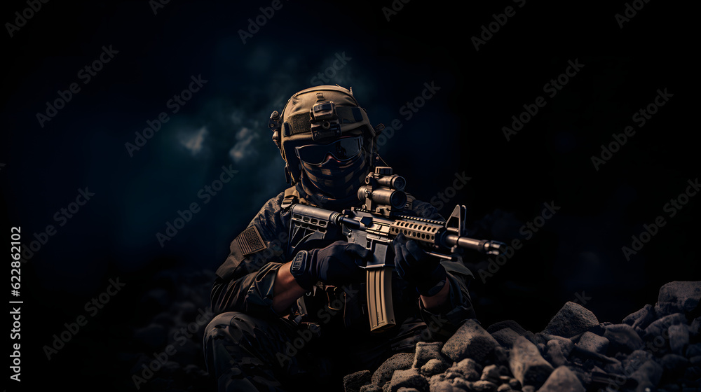 Armeesoldat in Kampfuniform mit Sturmgewehr, Plattenträger und Kampfhelm trägt, Shemagh Kufiya-Schal um den Hals. Studioaufnahme, dunkler Hintergrund,  Generative AI - obrazy, fototapety, plakaty 