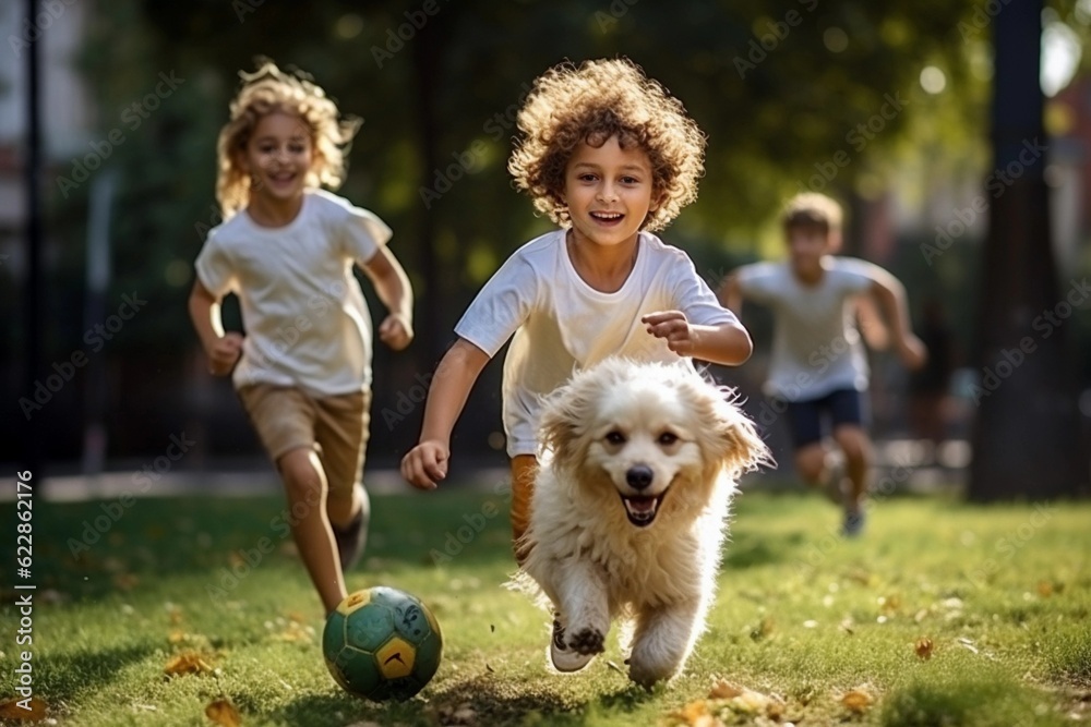 Joyful Sprint: Children and Dog Running in the Park Joyful Sprint: Children and Dog Running in the Park