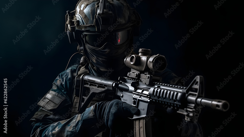 Armeesoldat in Kampfuniform mit Sturmgewehr, Plattenträger und Kampfhelm trägt, Shemagh Kufiya-Schal um den Hals. Studioaufnahme, dunkler Hintergrund, Generative AI Armeesoldat in Kampfuniform mit Sturmgewehr, Plattenträger und Kampfhelm trägt, Shemagh Kufiya-Schal um den Hals. Studioaufnahme, dunkler Hintergrund, Generative AI