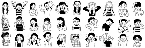 Children's emotion expression bundle set. Hand drawn, doodle illustration in black and white, ink style. Various character, diversity, multi-ethnic. Outline, linear, thin line art. 