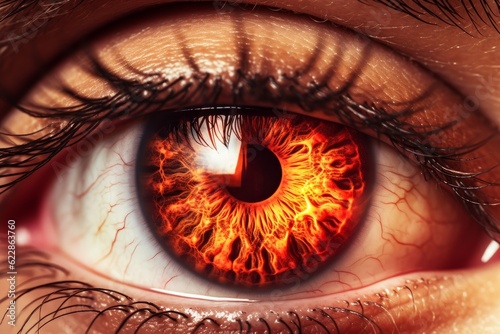 a close-up beautiful eye of a female person. burning glowing fire in the eye iris. Generative AI