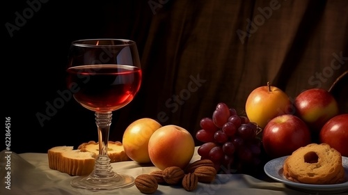  A glass of red wine and a plate of apples dipped in honey symbolizing a sweet new year Generative AI