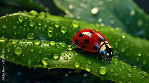Macrograph of a ladybug on a green leaf covered with dew Generative AI © Jonatas