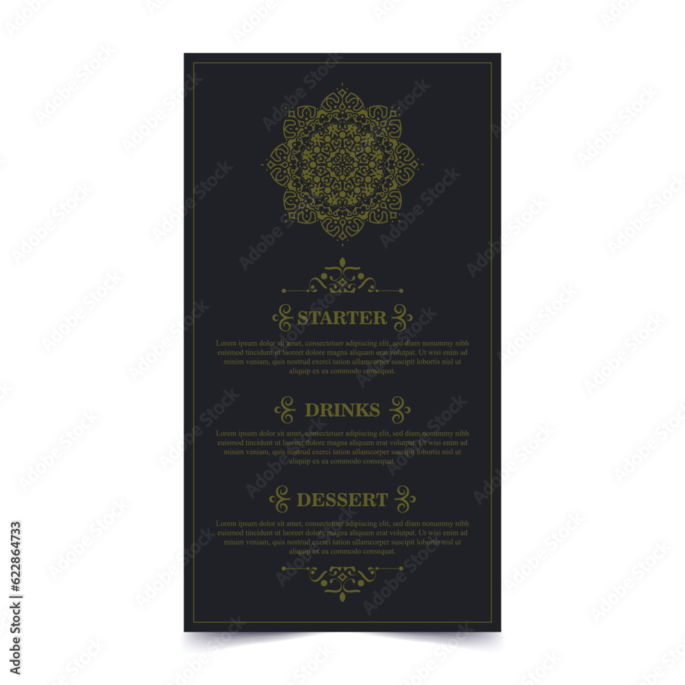 Luxury Menu Layout with Ornamental Elements.